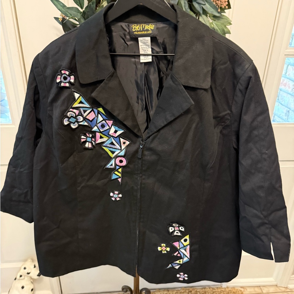 Vintage Bob Mackie Wearable Art Embroidered Geometric Shapes Cotton Jacket 2X